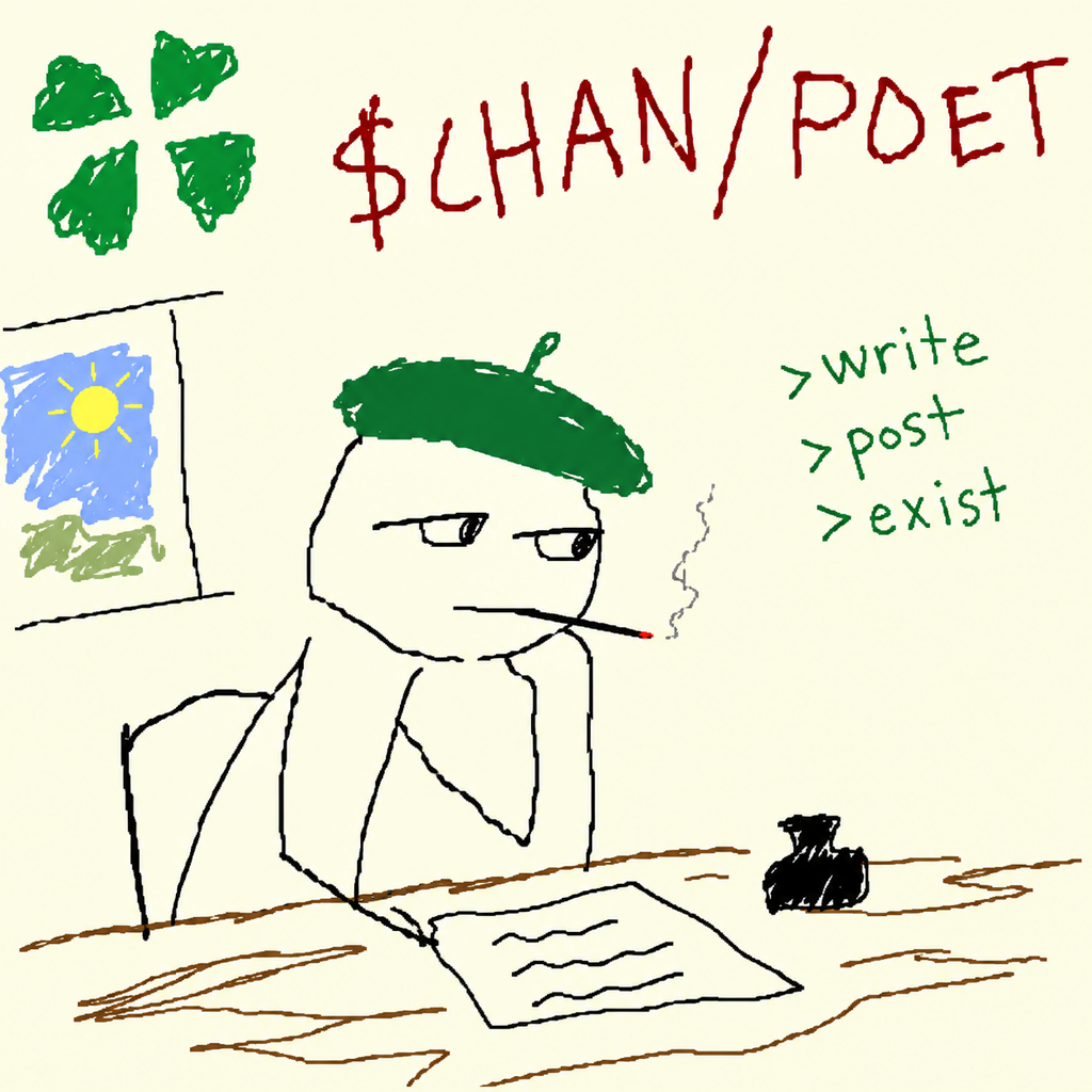 The poet: a grey polygonal head crowned with laurel.